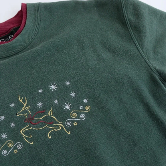 Vintage Croft And Barrow Green Embroidered Reindeer Festive Crewneck Sweater S - Picture 9 of 12